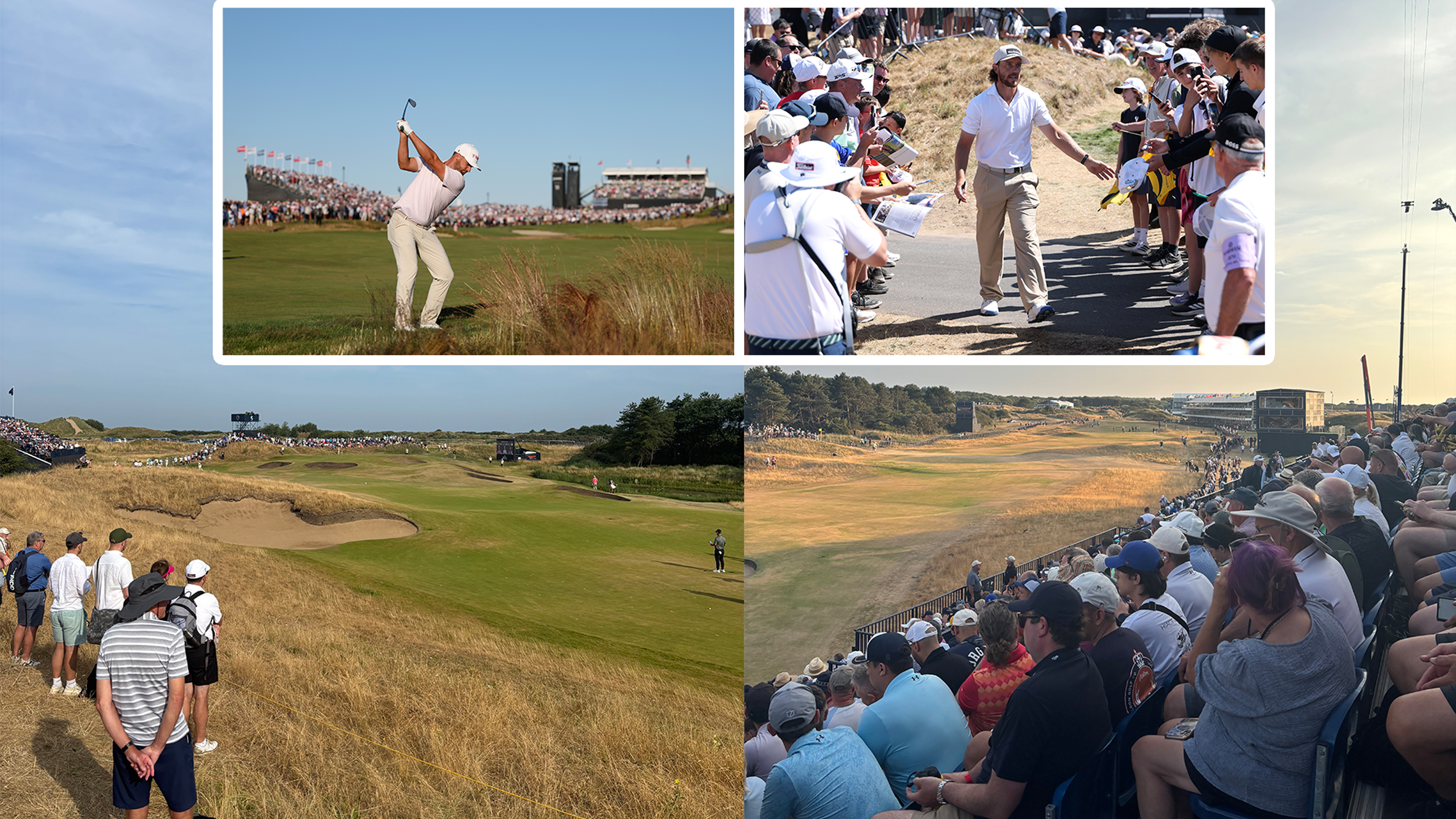 Images taken by Baz Plummer when attending The Open 2026 at Royal Birkdale, with fans lining two different holes at the course, with inset images of US Open and The Open fans for comparison