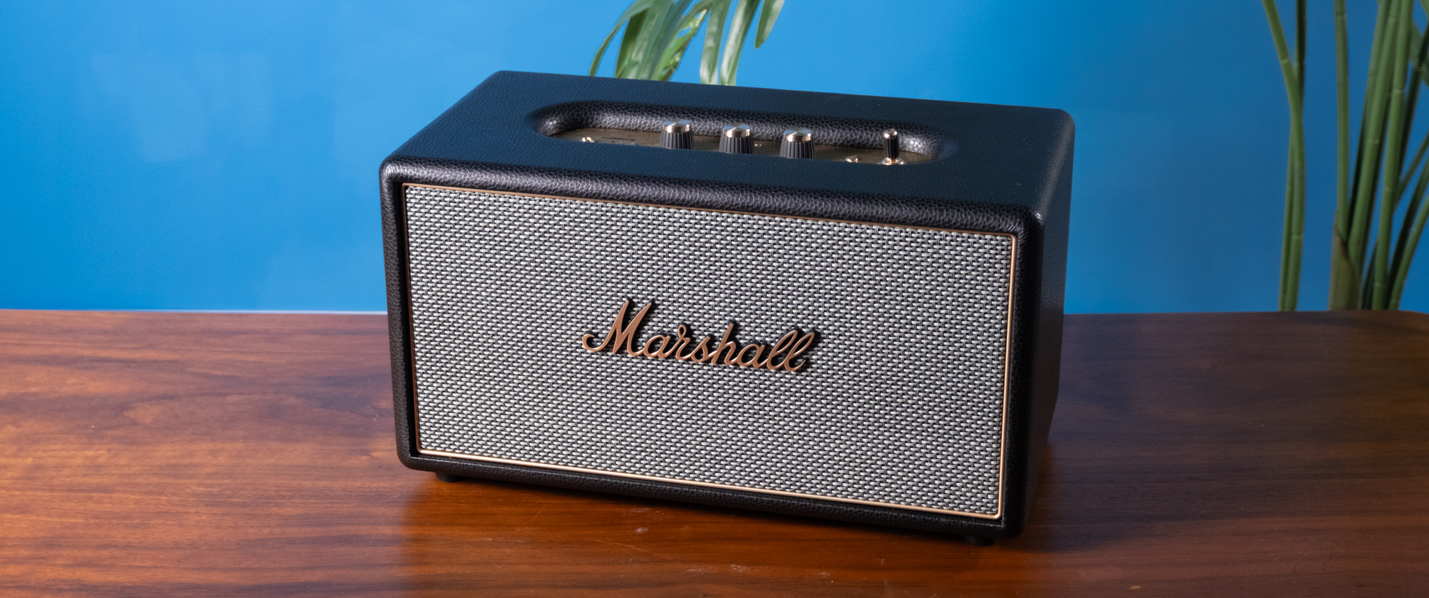 A black Marshall Stanmore IV home speaker