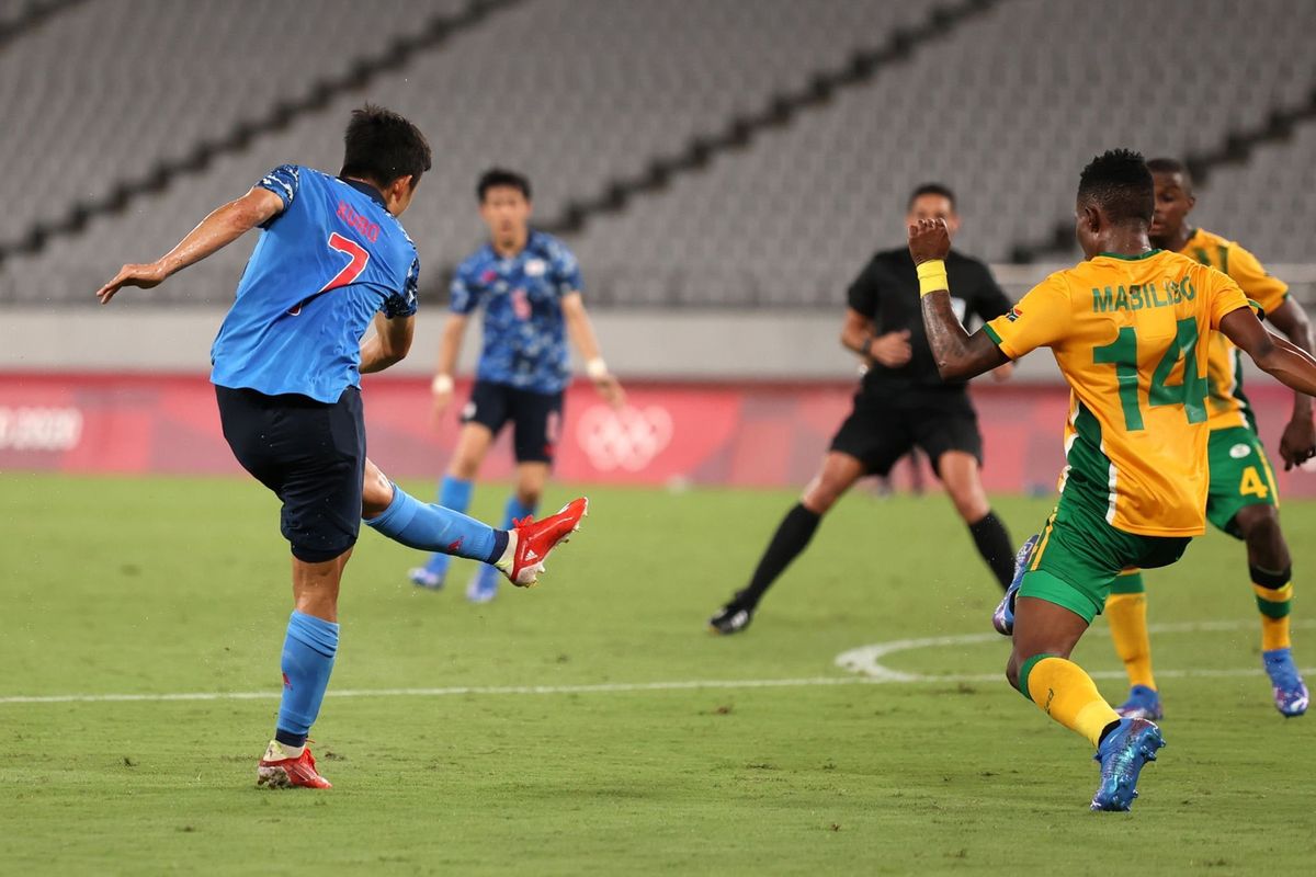 Japan&#039;s Takefusa Kubo scoring against South Africa