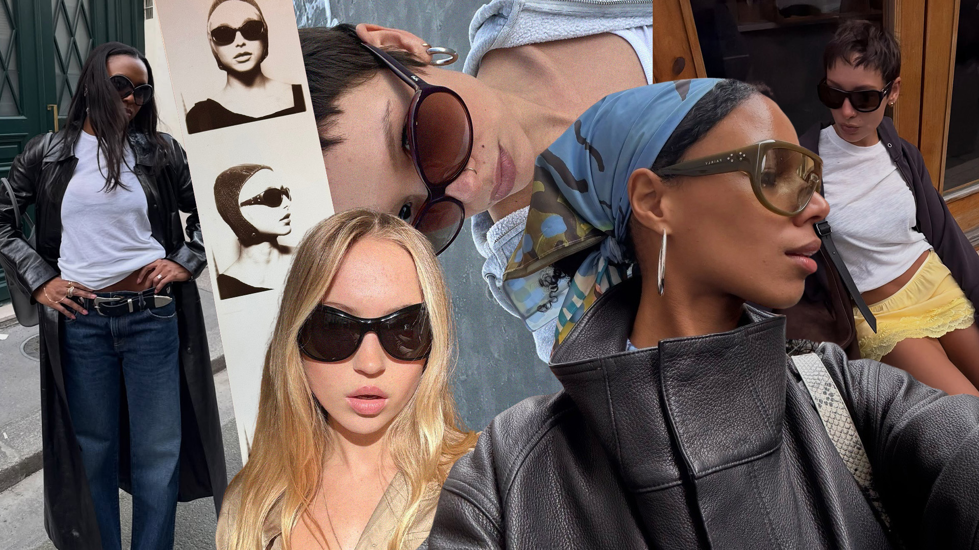 Photo collage of Gen Z influencers wearing bug-eyed sunglasses trend.