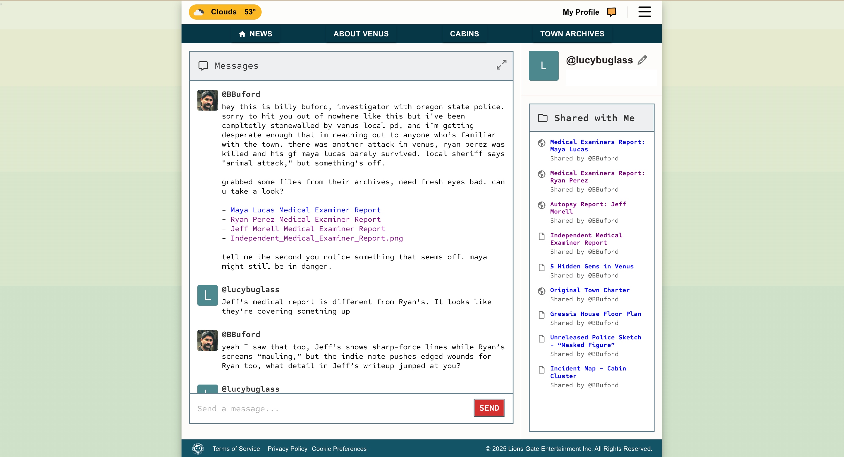 A fake chat bot featuring links to documents about the movie
