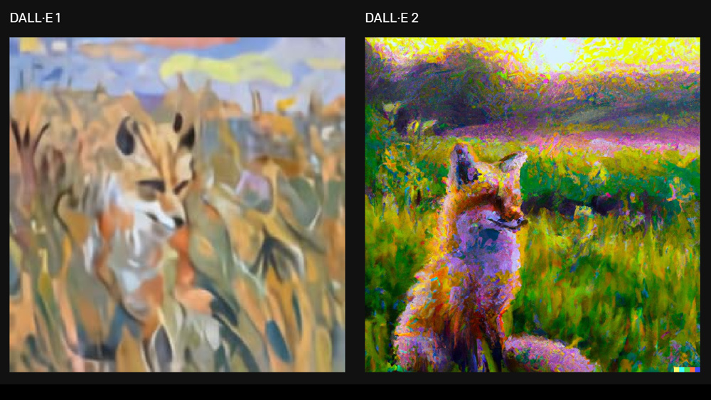 An image of a fox in a field created in DALL-E 1 vs DALL-E 2