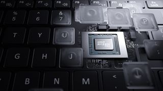 Keyboard with keys floating away to reveal AMD Ryzen PRO processor