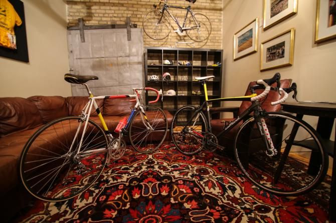 Old and new. Left is a road bike utilised by Greg LeMond in his 1986 Tour de France victory and right is a new LeMond bicycle, the TdF86, which pays tribute to his first Tour victory.