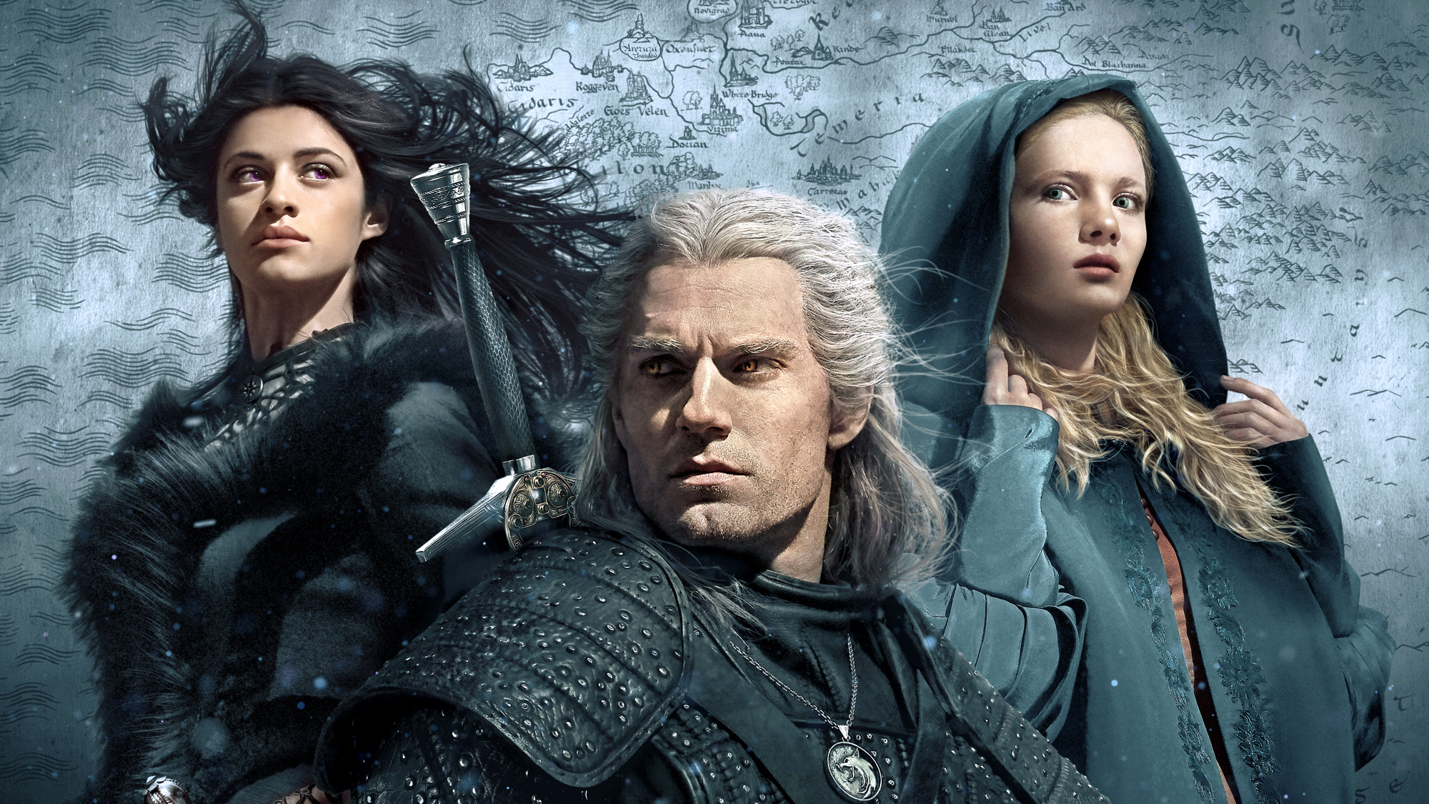 (L to R) Anya Chalotra as Yennefer of Vengerberg, Henry Cavill as Geralt of Rivia and Freya Allan as Ciri in show art for The Witcher