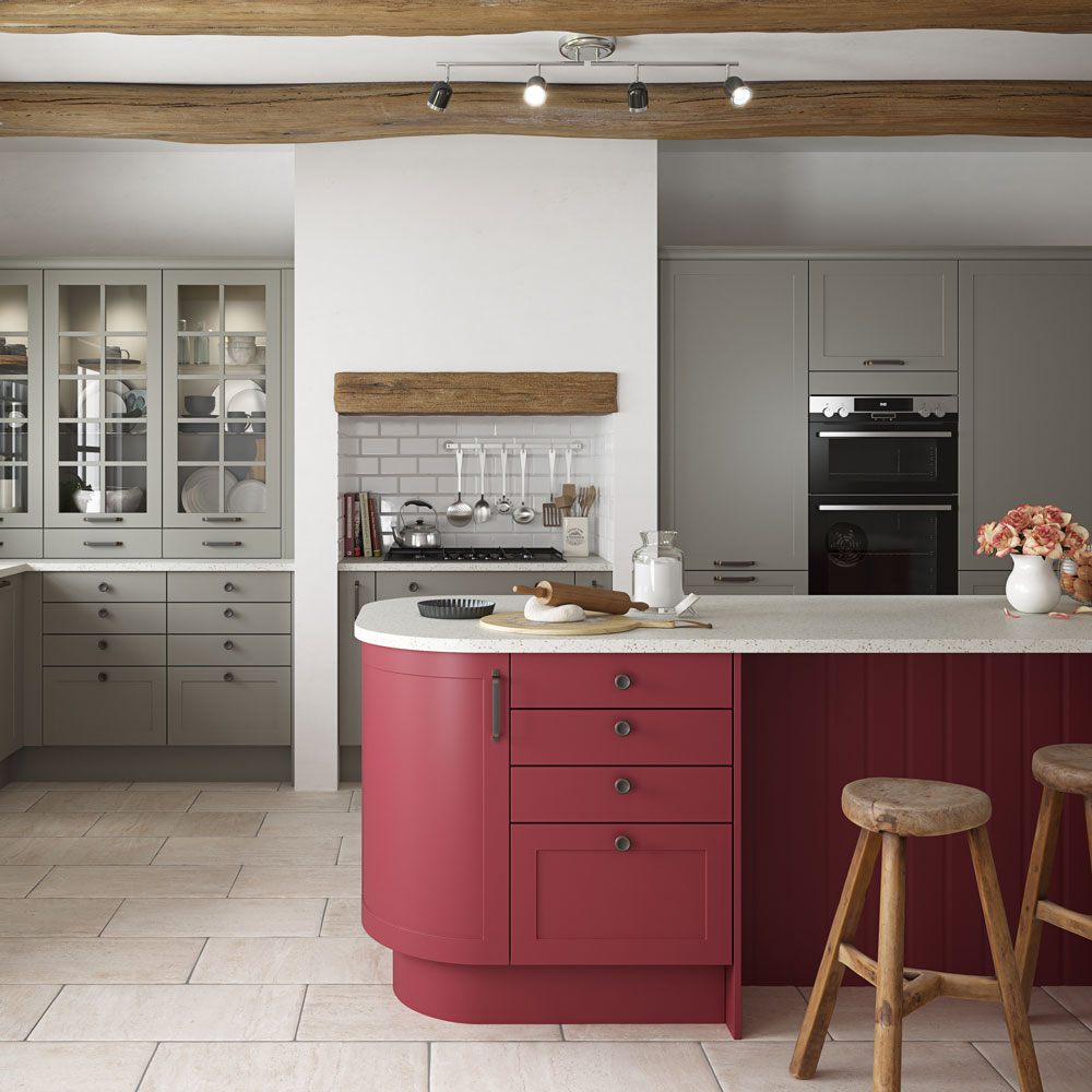 dark red painted kitchen cabinets