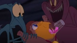 Hercules getting fed poison by Hades' minions in Hercules.