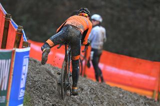 A rut forms as riders take the high line on the off-camber