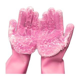 Pink gloves with scrubbing bristles 