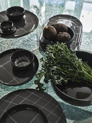 A table set with graphic styled dinnerware