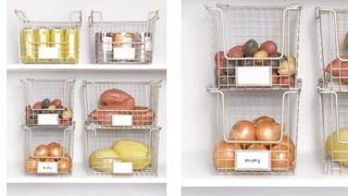 White wire storage baskets inside a pantry with labels to show how to organize a pantry