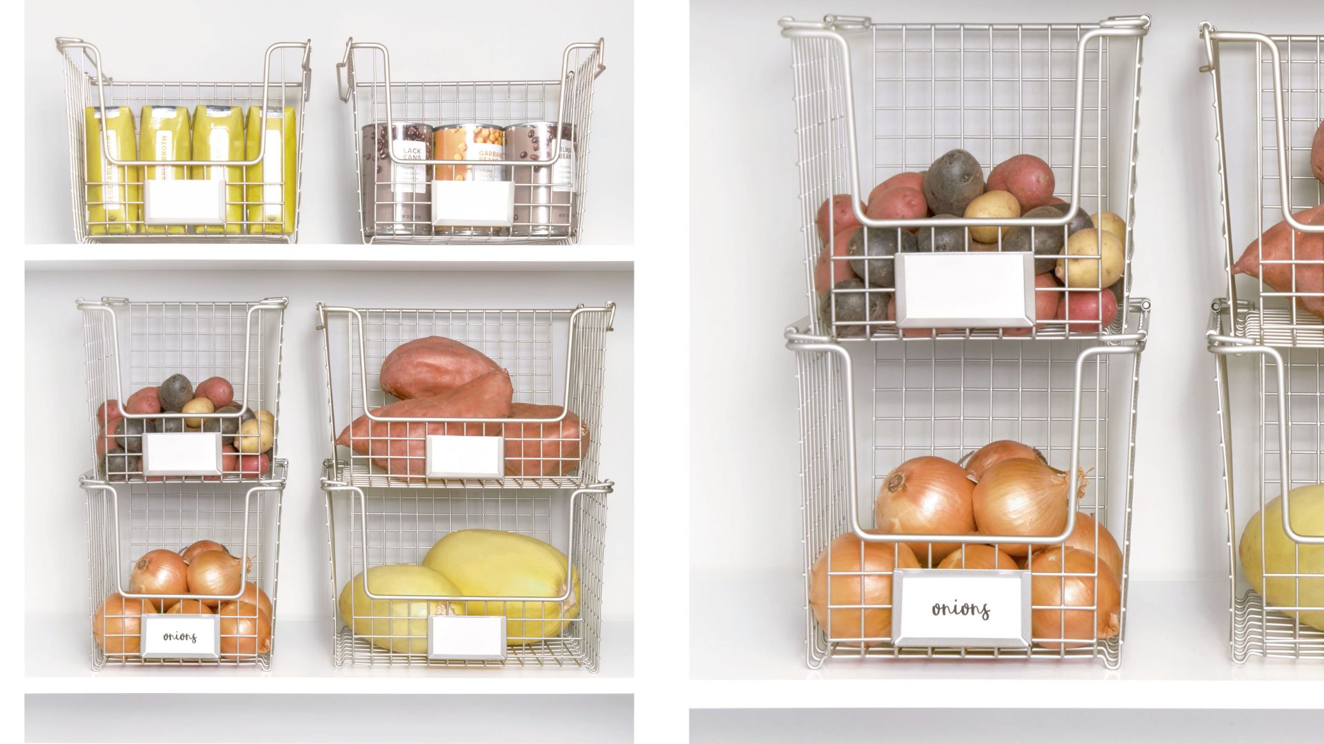 White wire storage baskets inside a pantry with labels to show how to organize a pantry