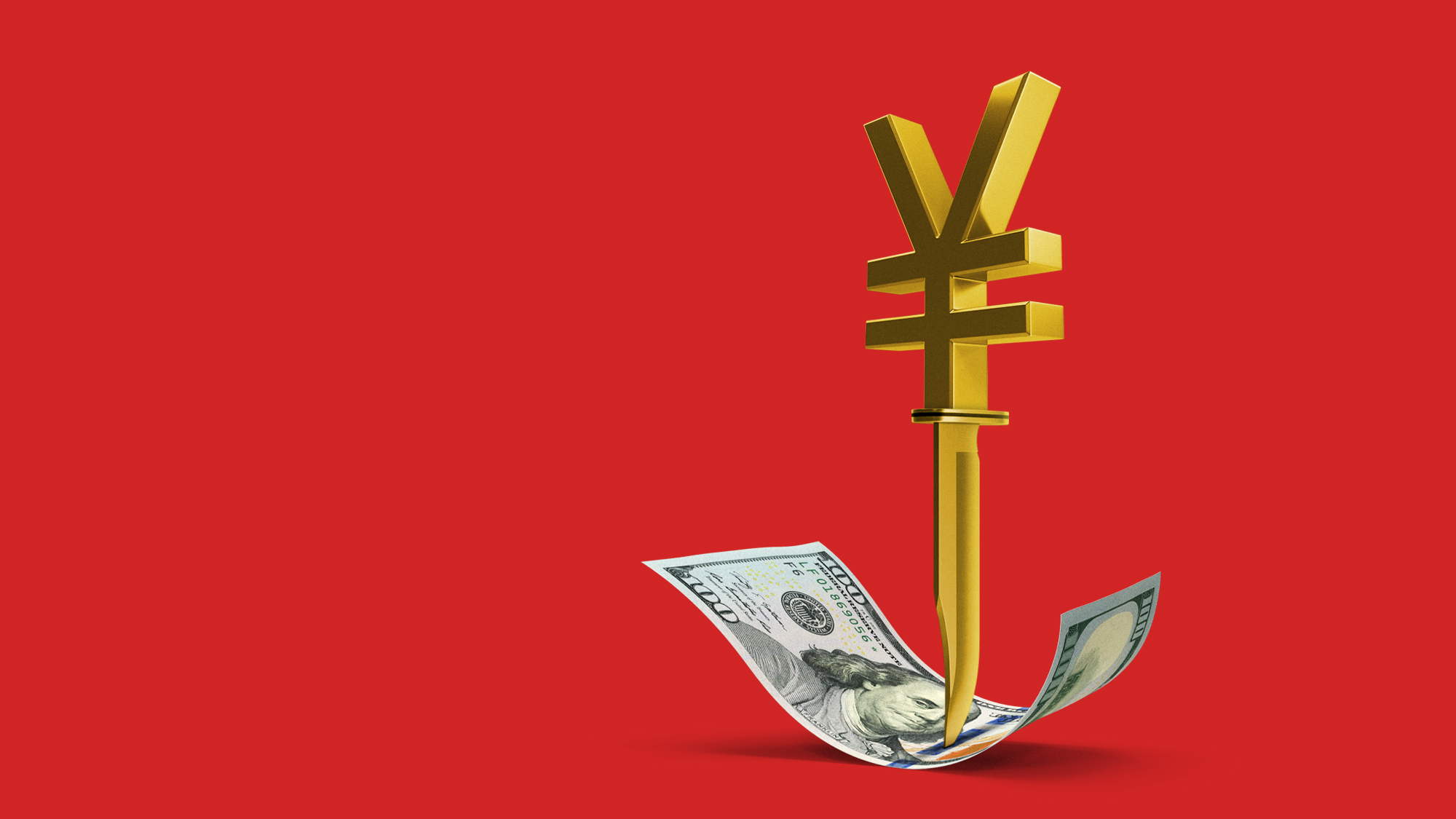 Illustration of a hundred dollar bill pinned down with yuan-shaped knife
