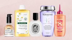 A selection of French haircare products, from L'Oréal, Klorane, Diptyque and Kérastase, that our beauty team uses - featured on a pink watercolour paint-style template