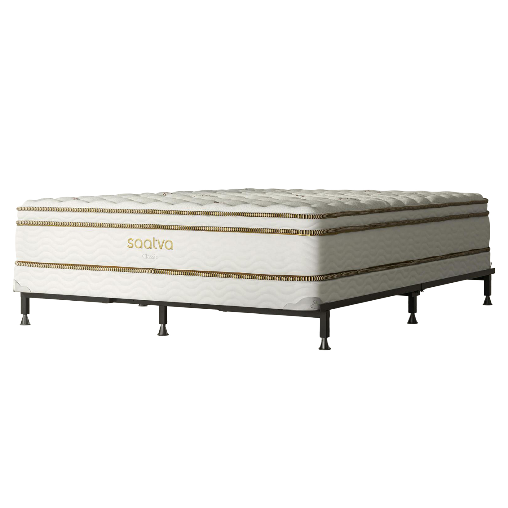 Saatva RX mattress on a metal base with a white background
