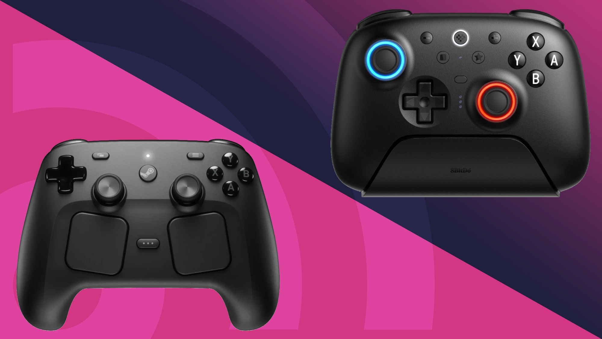 Valve Steam Controller and 8BitDo Ultimate on a pink gradient background