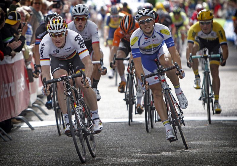 Andr&eacute; Greipel (Lotto Soudal) gets the win ahead of Edward Theuns (Topsport Vlaanderen-Baloise) and Danny van Poppel (Trek)