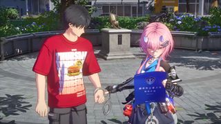 A man is handcuffed in Ananta by a police officer with bright pink hair, from the PlayStation gameplay trailer