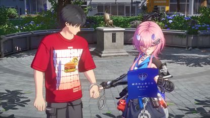 A man is handcuffed in Ananta by a police officer with bright pink hair, from the PlayStation gameplay trailer