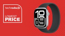 Apple Watch Series 10 on red background with lowest price TechRadar sign