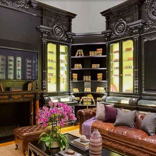 house library with leather sofa