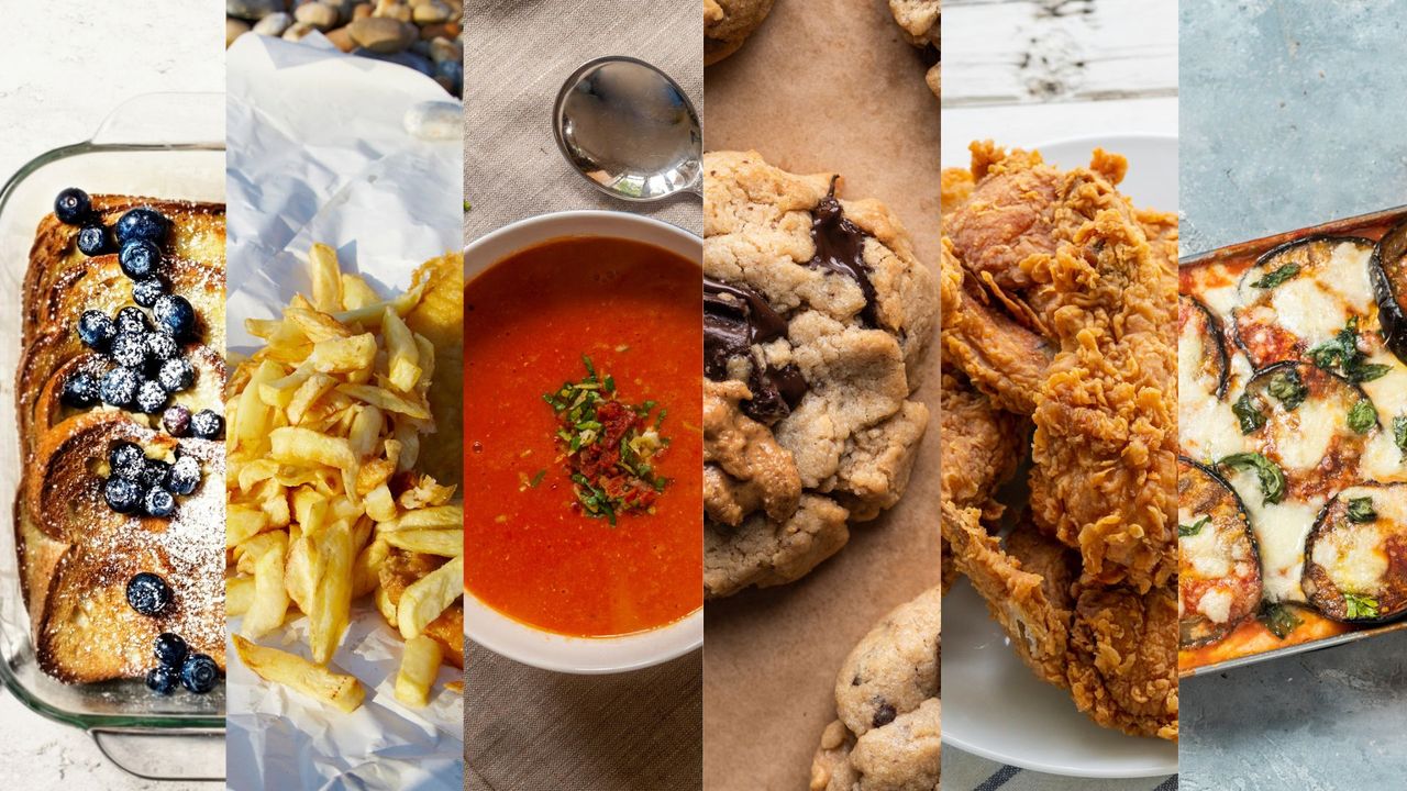 A selection of comfort foods, including French toast, fish and chips, tomato soup, cookies, fried chicken, and aubergine parmigiana