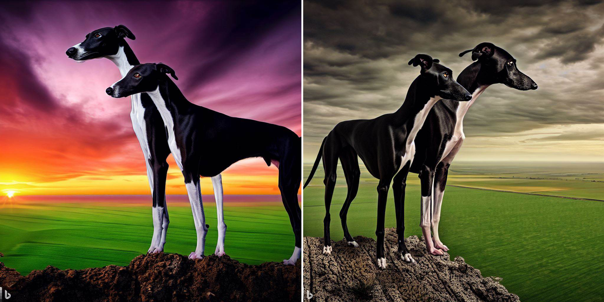 A side-by-side compilation of two AI-generated images created by Bing Image Creators.  Both images show two black and white greyhounds facing out from a cliff over a broad green plain.  In the left photo the sky is orange and purple, and in the right photo the sky is overcast and choppy.