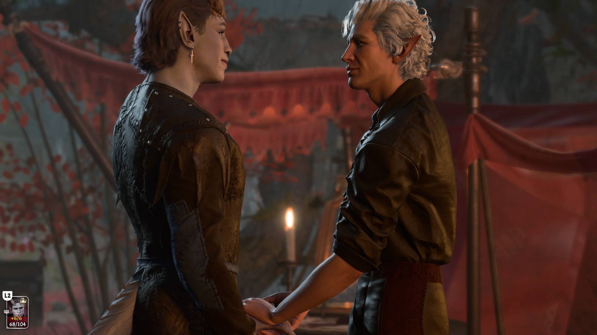 In Baldur's Gate 3, protagonist tiefling Tav holds hands with companion Astarion