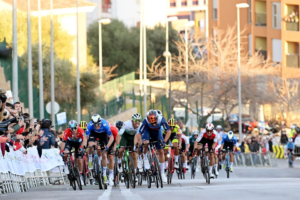 ONDA SPAIN JANUARY 21 EDITORS NOTE Alternate crop A general view of Alex Aranburu of Spain and Movistar Team Michael Matthews of Australia and Team Jayco AlUla Pierre Gautherat of France and Decathlon AG2R La Mondiale Team and David Gonzalez of Spain and Team Caja Rural Seguros RGA sprint at finish line to win the race during the 1st Gran Premio Castellon Ruta de la Ceramica 2024 a 1739km one day race from Castellon to Onda on January 21 2024 in Onda Spain Photo by Dario BelingheriGetty Images