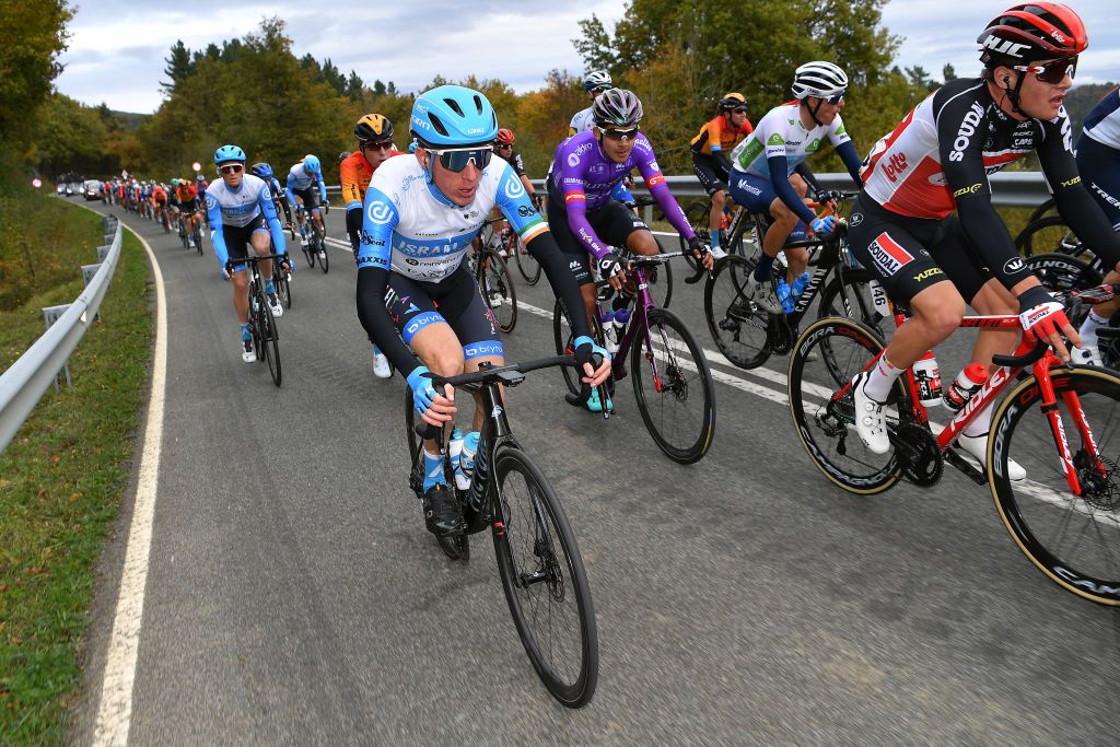 VILLANUEVA DE VALDEGOVIA SPAIN OCTOBER 27 Daniel Martin of Ireland and Team Israel StartUp Nation Remy Mertz of Belgium and Team Lotto Soudal during the 75th Tour of Spain 2020 Stage 7 a 1597km from VitoriaGasteiz to Villanueva de Valdegovia lavuelta LaVuelta20 La Vuelta on October 27 2020 in Villanueva de Valdegovia Spain Photo by Justin SetterfieldGetty Images