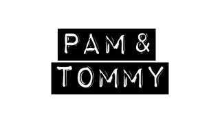 An inverted color image of the official Pam and Tommy TV show logo