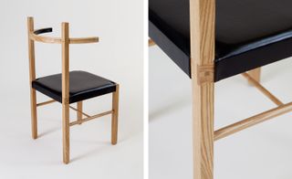 LEFT: Wooden chair with black leather trims photographed against a grey background. RIGHT: upclose view of a section of the chair, showing the leg and leather detail