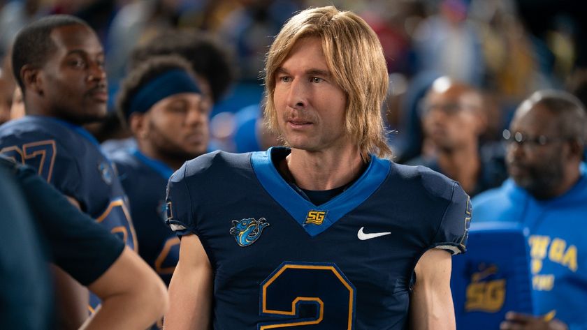 Glen Powell as Chad Powers in his football uniform.