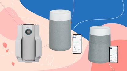 three air purifiers on a pink and blue background
