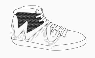 A sketch of a mid-ankle shoe with a white upper, a black ankle side and a clear 'W' style on the side.