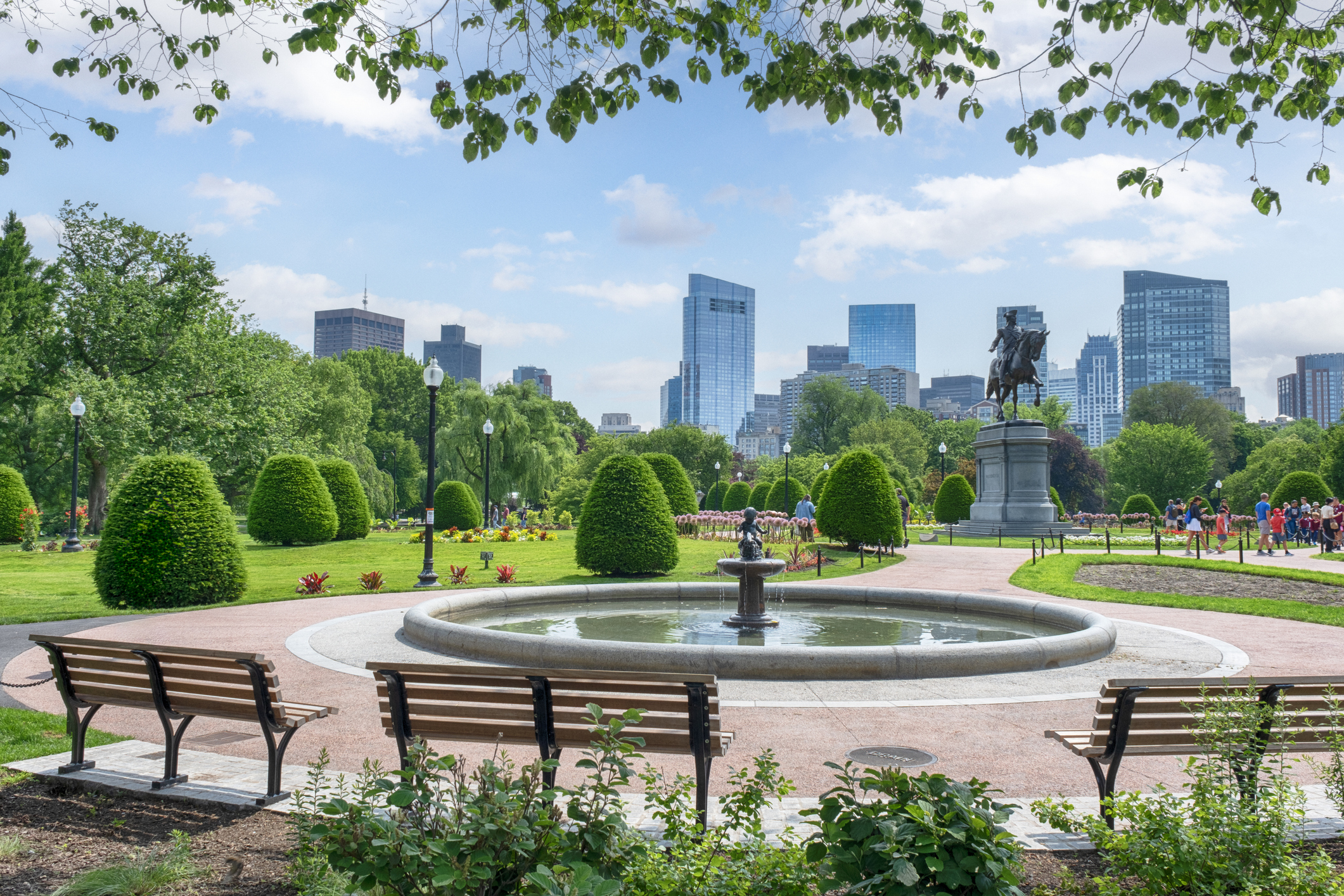 The Boston Common is a public park in downtown Boston, Massachusetts. It is the oldest city park in the United States. Equestrian statue of George Washington dates back to 1869.