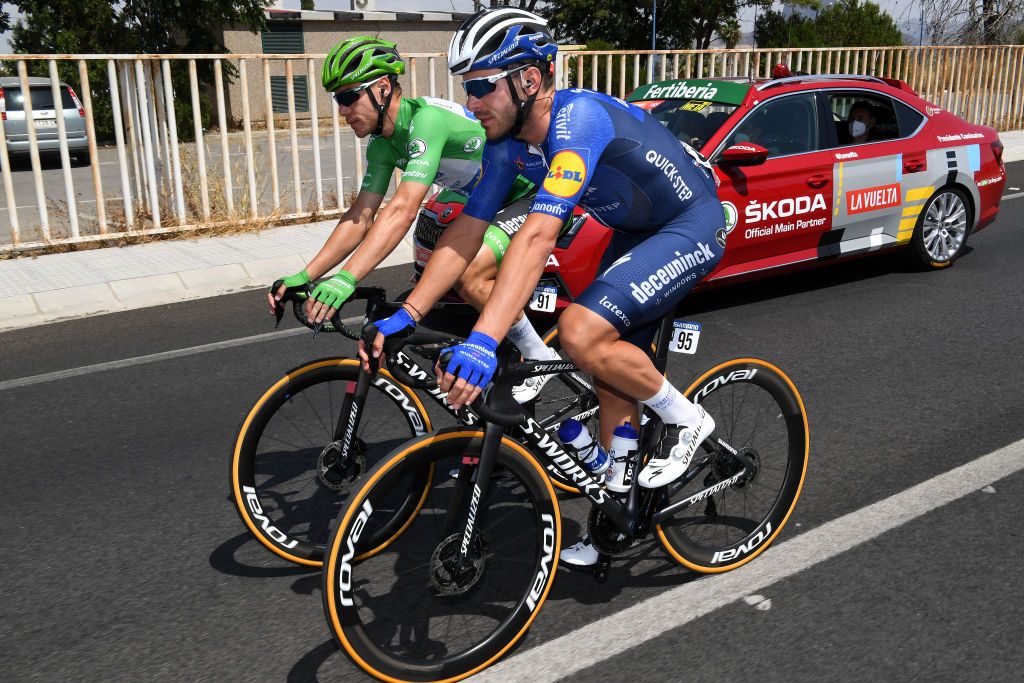 VALDEPEAS DE JAN SPAIN AUGUST 25 LR Fabio Jakobsen of Netherlands Green Points Jersey and Florian Senechal of France and Team Deceuninck QuickStep during the 76th Tour of Spain 2021 Stage 11 a 1336km stage from Antequera to Valdepeas de Jan 1009m lavuelta LaVuelta21 on August 25 2021 in Valdepeas de Jan Spain Photo by Tim de WaeleGetty Images