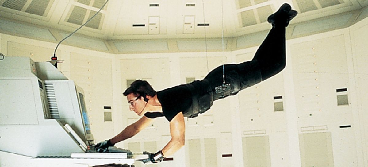 Ethan Hunt (Tom Cruise) in Mission Impossible dangles over a floor teeming with sensors as he tries to hack the C.I.A. mainframe in Langley, Virginia in order to catch a mole threatening to expose the true identities of its agents across the globe.