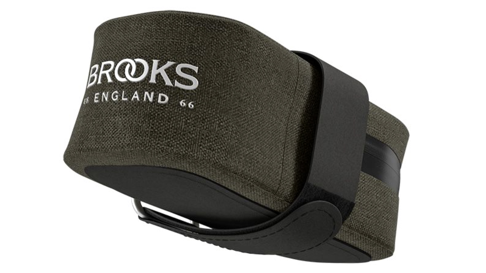 A dark green saddle bag with a black velcro strap