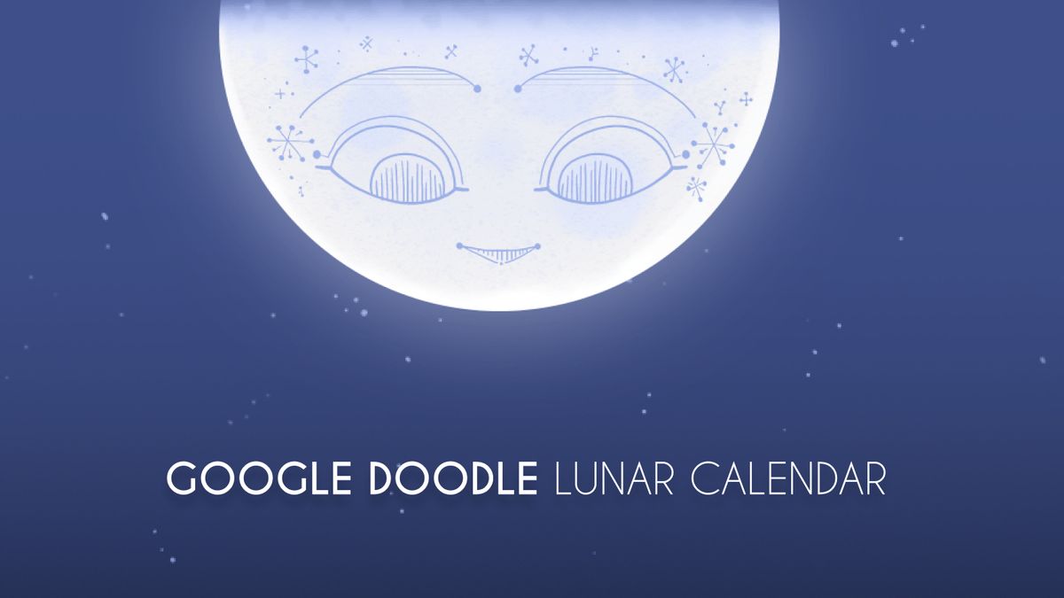 a cartoon moons hangs from above, kind eyes staring down into the night. words at the bottom read google doodle lunar calendar