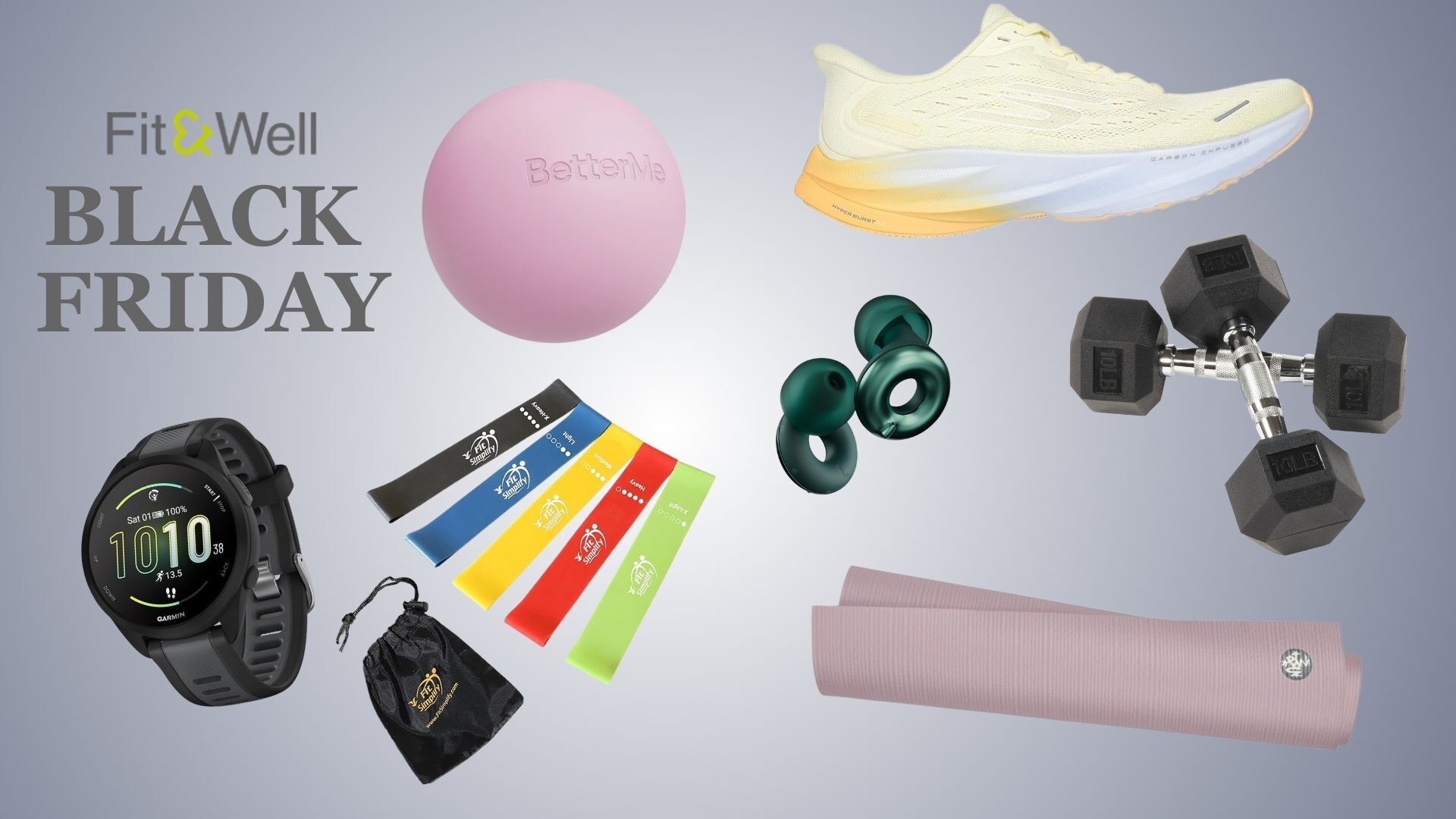 Selection of fitness equipment on grey background