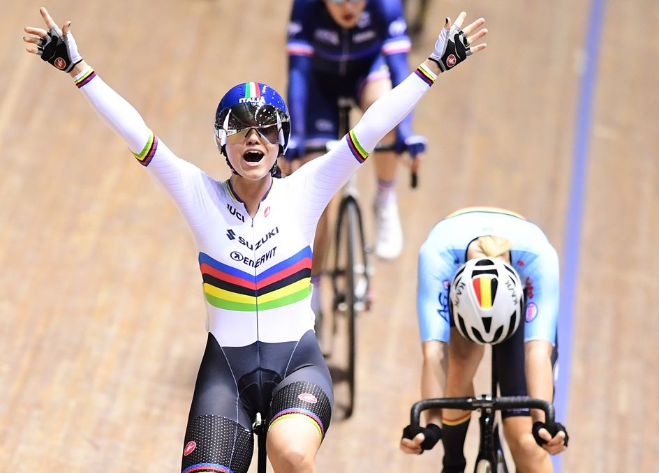 Rachele Barbieri of Italy celebrates after winning the Women's Scratch Race Final