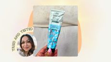 Aleesha holding The Body Shop Peppermint Foot Cream with headshot in the corner and badge saying 'tried and tested'