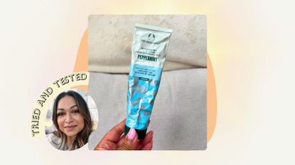 Aleesha holding The Body Shop Peppermint Foot Cream with headshot in the corner and badge saying 'tried and tested'