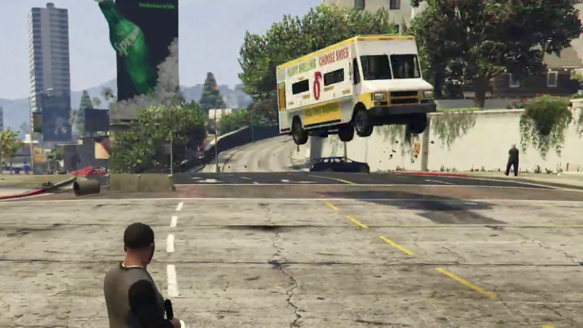 Franklin surveys a flying taco truck.