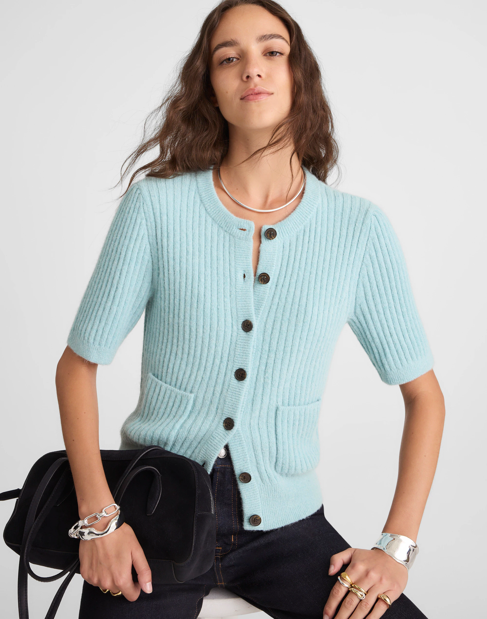 Patch-Pocket Puff-Sleeve Cardigan
