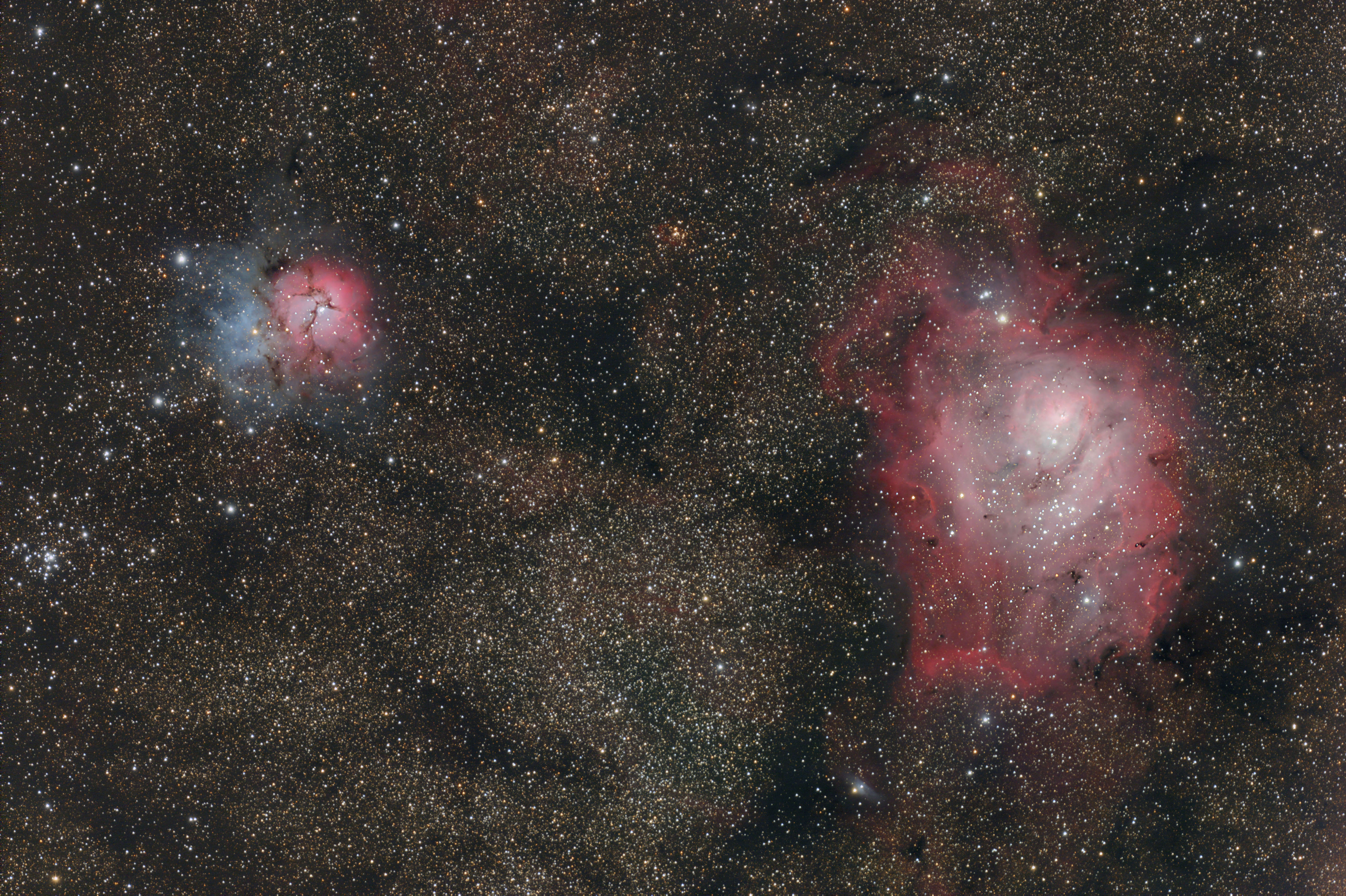 Astrophoto of emission and reflection nebula Messier 20 (Trifid Nebula) and Messier 8 (Lagoon Nebula) with a telescope