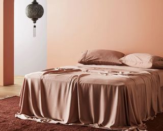 Ettitude Signature Sateen Sheet Set in almond color in same color bedroom