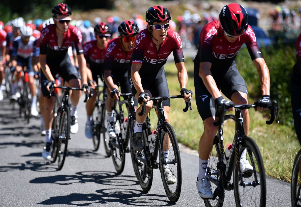 Chris Froome leads Team Ineos teammates Geraint Thomas and Egan Bernal at the 2020 Tour de l&#039;Ain