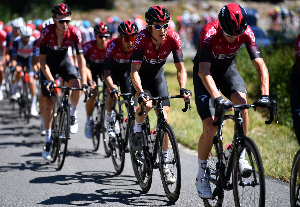Chris Froome leads Team Ineos teammates Geraint Thomas and Egan Bernal at the 2020 Tour de l'Ain